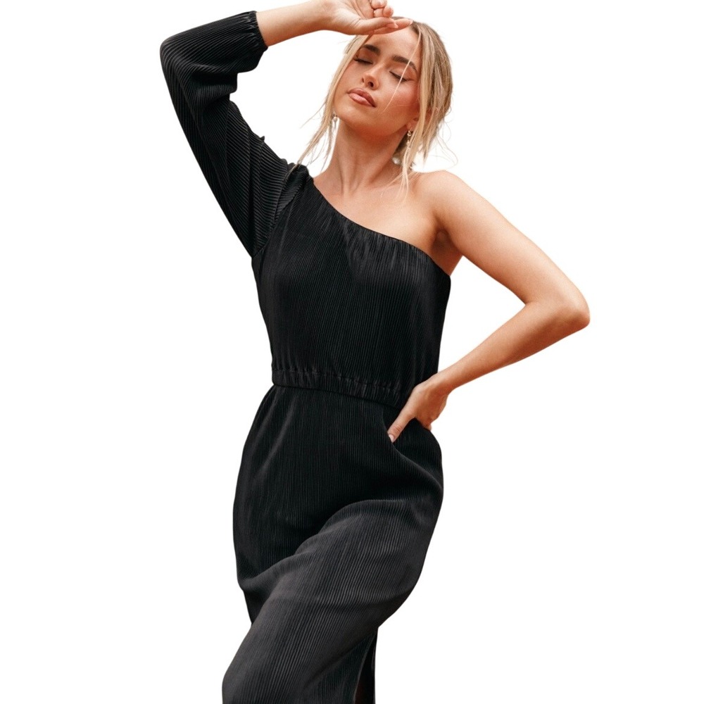 Petal + Pup Ponte One Shoulder Plisse Pleated Midi Dress Black L Evenning Chic